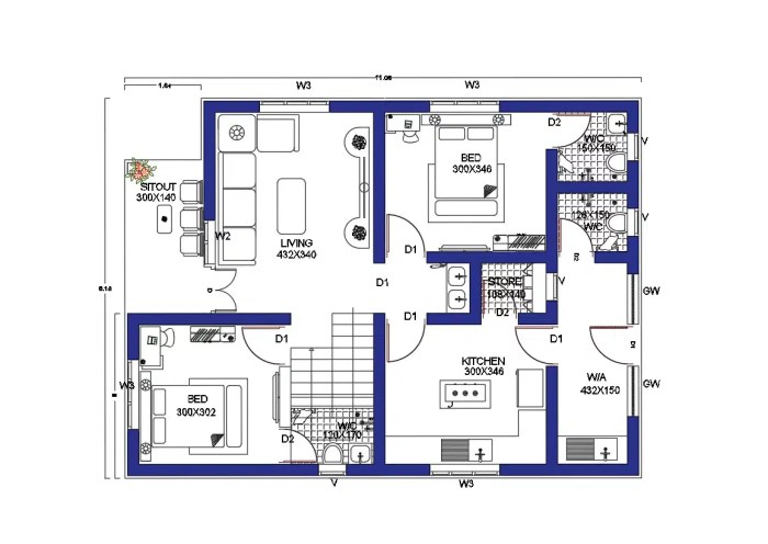 House bedroom plan 800 modern floor square single feet sq ft 1000